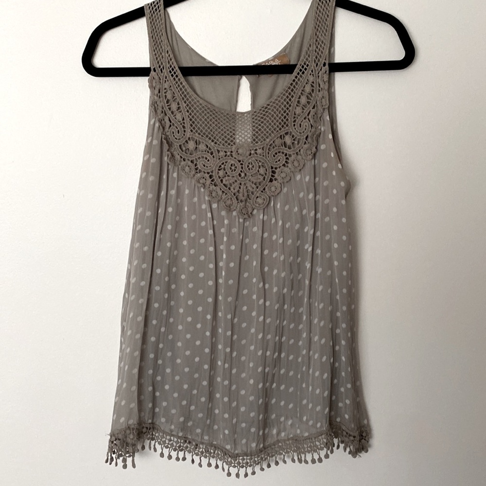 Carla Conti tan polka dot silk tank top with cotton lining and fringe